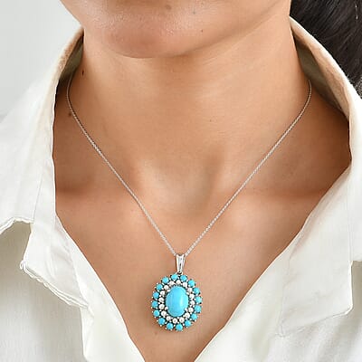 D'Joy Premium Turquoise 7.70 ctw and Freshwater Pearl Pendant Necklace in Rhodium Over Sterling Silver 20 Inches