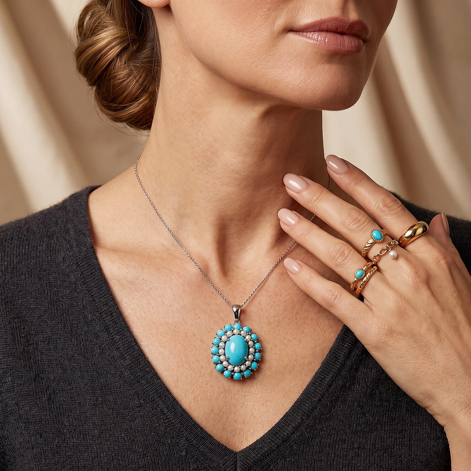 D'Joy Premium Turquoise 7.70 ctw and Freshwater Pearl Pendant Necklace in Rhodium Over Sterling Silver 20 Inches
