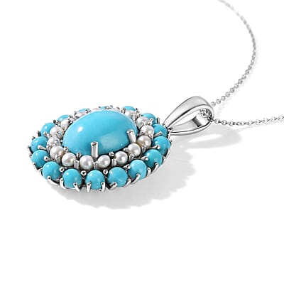 D'Joy Premium Turquoise 7.70 ctw and Freshwater Pearl Pendant Necklace in Rhodium Over Sterling Silver 20 Inches