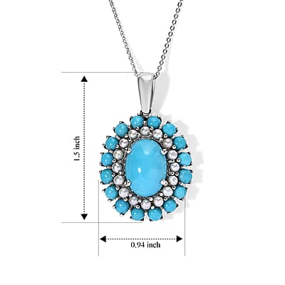 D'Joy Premium Turquoise 7.70 ctw and Freshwater Pearl Pendant Necklace in Rhodium Over Sterling Silver 20 Inches