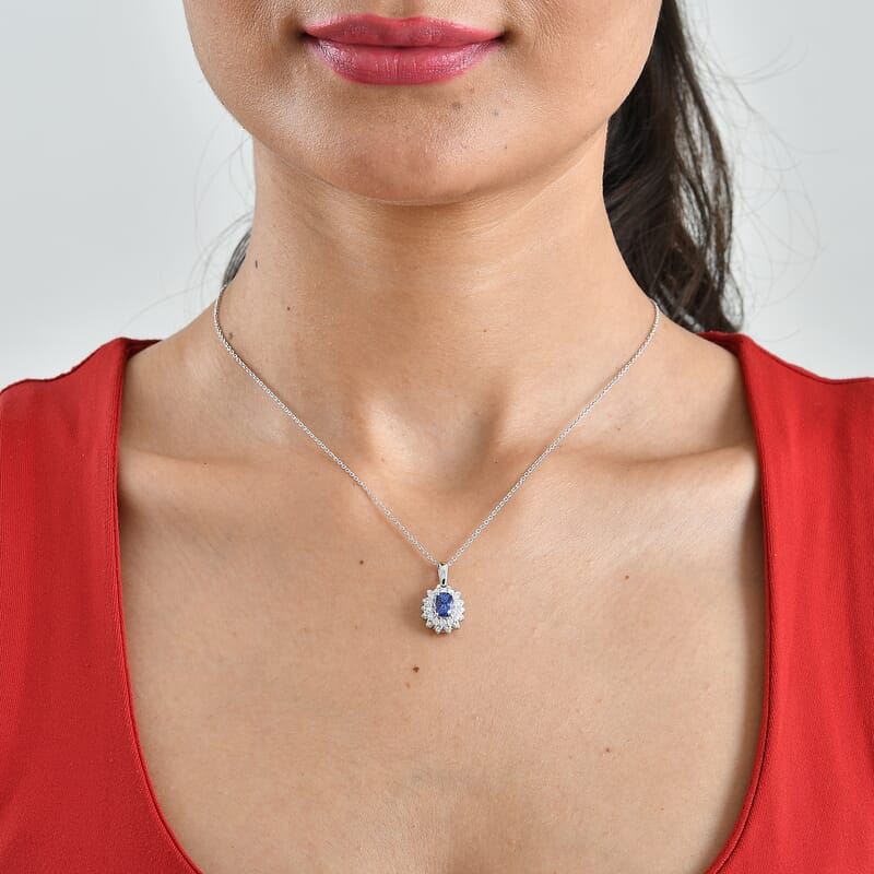 Certified and Appraised D'Joy Premium Tanzanite and Moissanite 1.40 ctw Pendant Necklace in Rhodium Over Sterling Silver 18 Inches