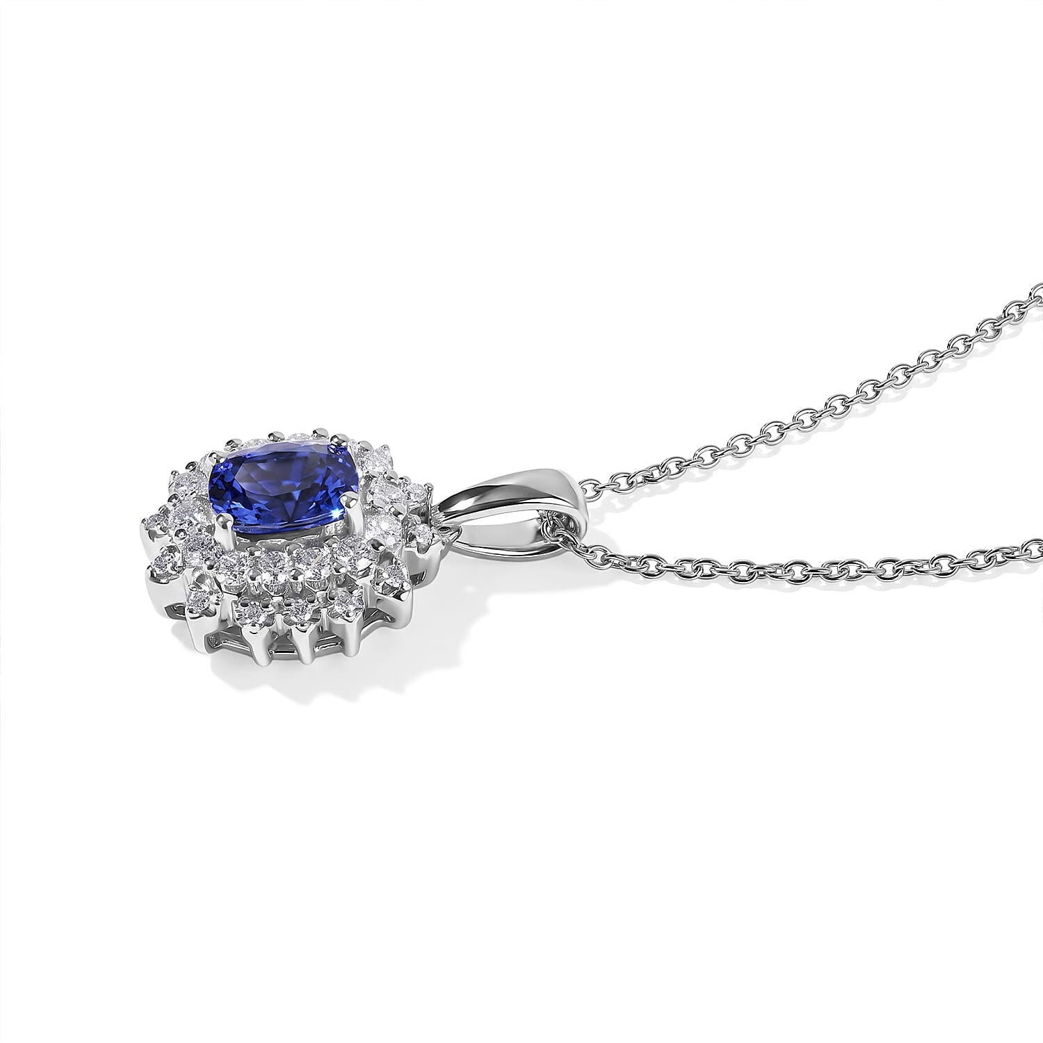 Certified and Appraised D'Joy Premium Tanzanite and Moissanite 1.40 ctw Pendant Necklace in Rhodium Over Sterling Silver 18 Inches
