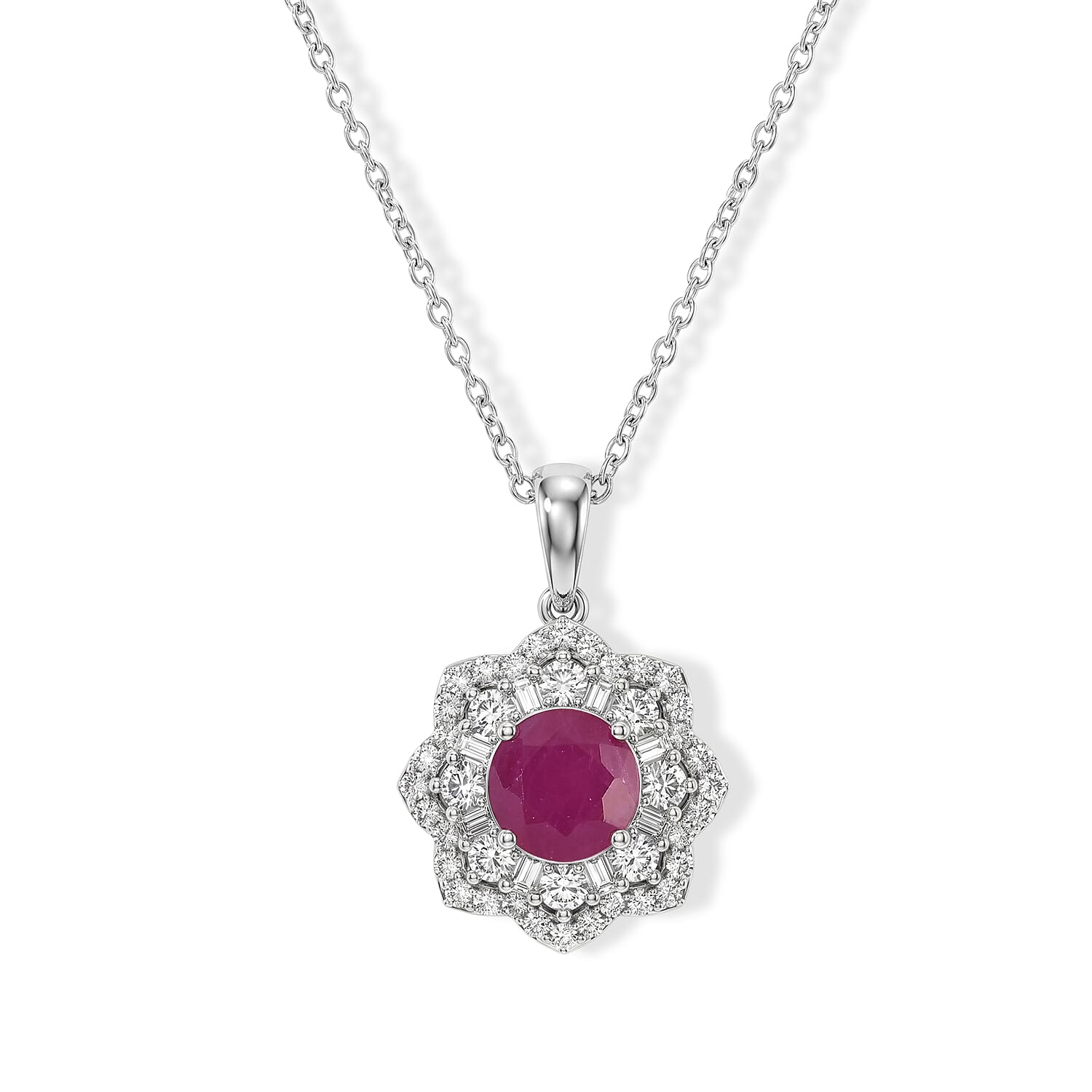 Certified and Appraised D'Joy Premium Royal Ruby and Moissanite 2.60 ctw Pendant Necklace (18 Inches) in Rhodium Over Sterling Silver