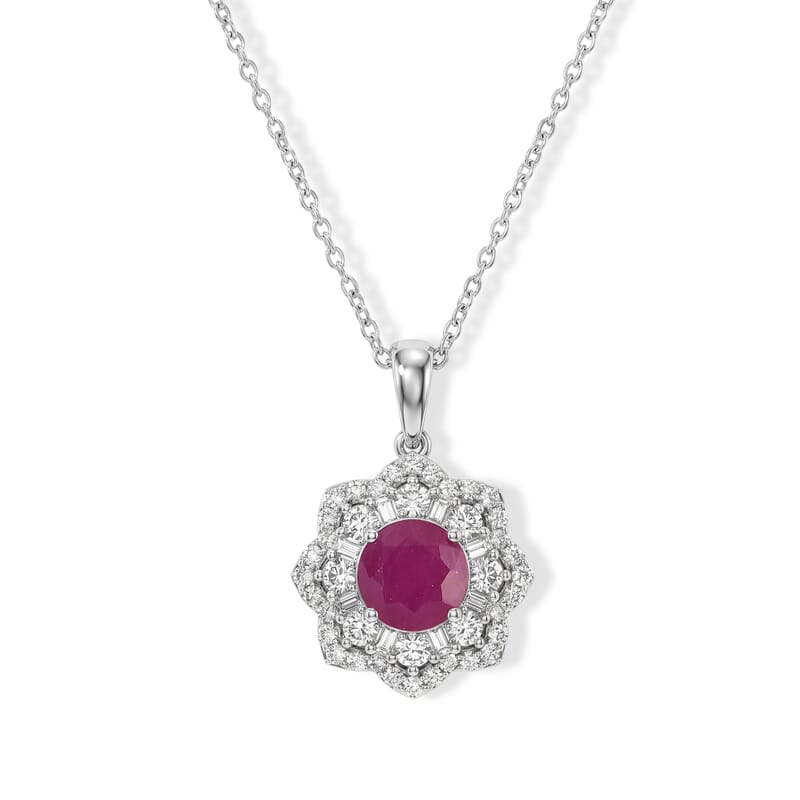 Certified and Appraised D'Joy Premium Royal Ruby and Moissanite 2.60 ctw Pendant Necklace (18 Inches) in Rhodium Over Sterling Silver