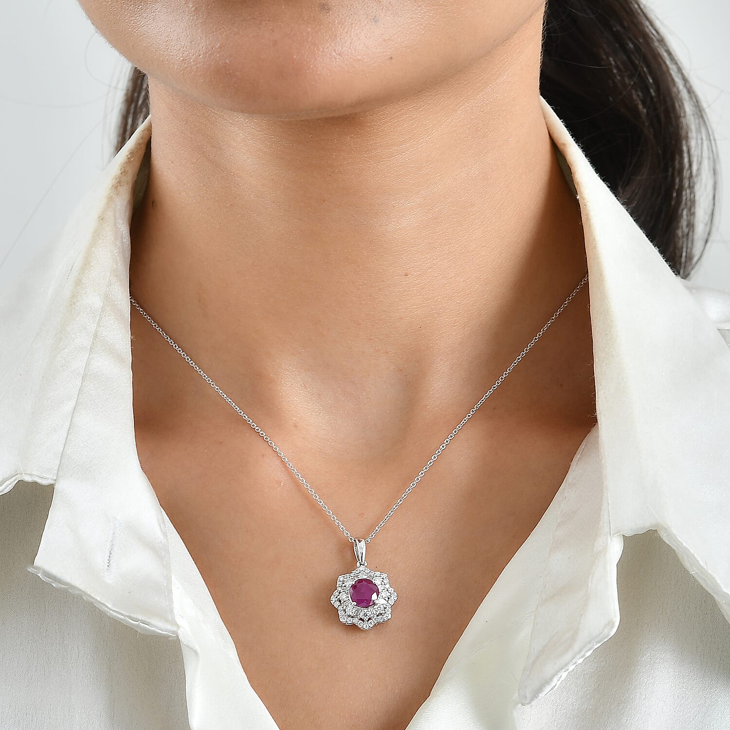 Certified and Appraised D'Joy Premium Royal Ruby and Moissanite 2.60 ctw Pendant Necklace (18 Inches) in Rhodium Over Sterling Silver