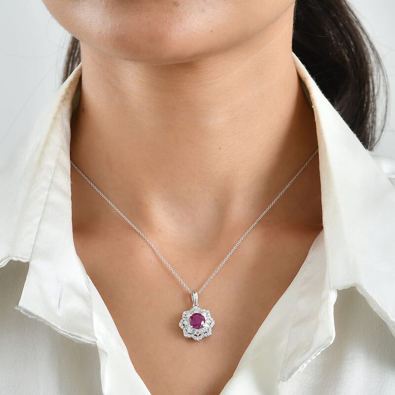 Certified and Appraised D'Joy Premium Royal Ruby and Moissanite 2.60 ctw Pendant Necklace (18 Inches) in Rhodium Over Sterling Silver