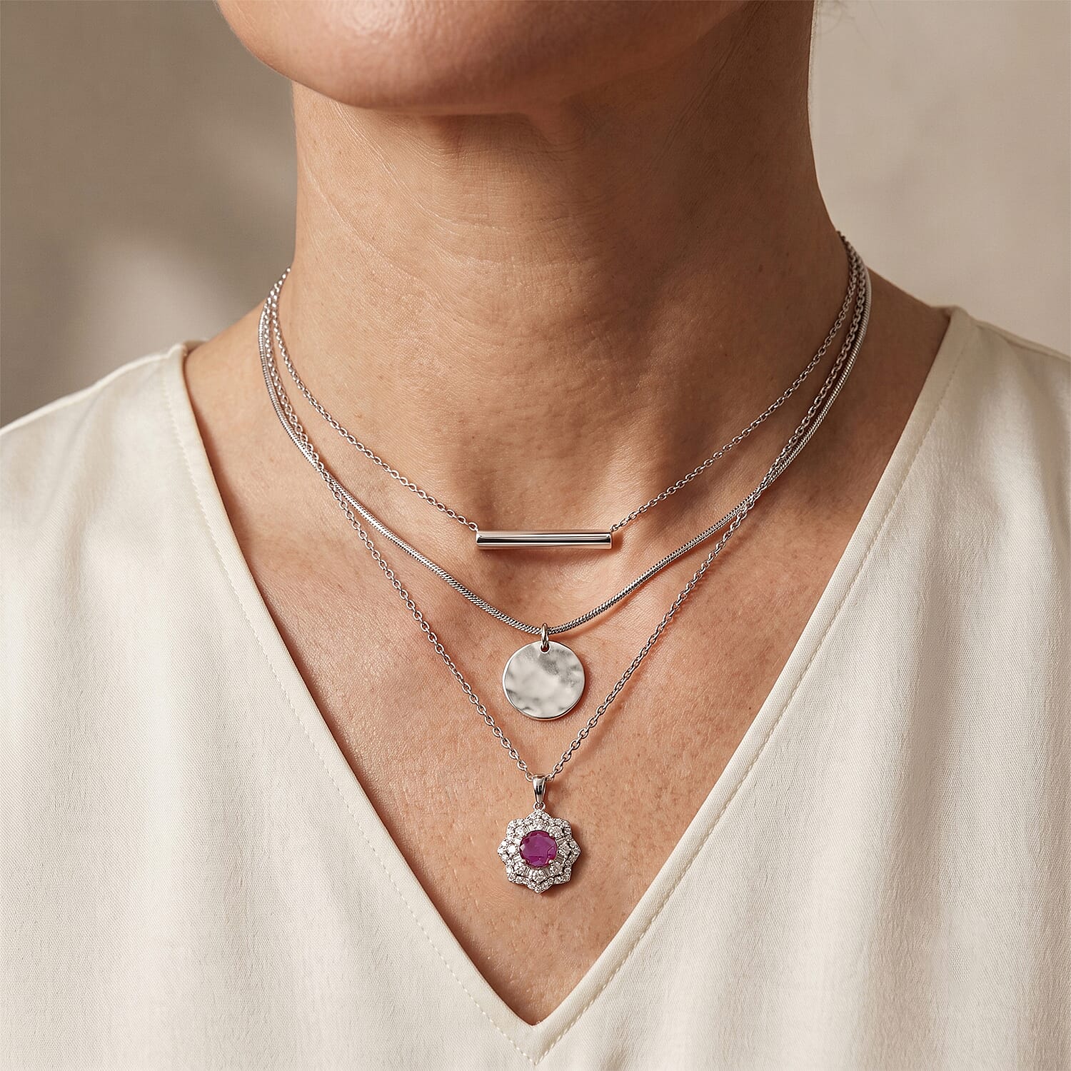Certified and Appraised D'Joy Premium Royal Ruby and Moissanite 2.60 ctw Pendant Necklace (18 Inches) in Rhodium Over Sterling Silver
