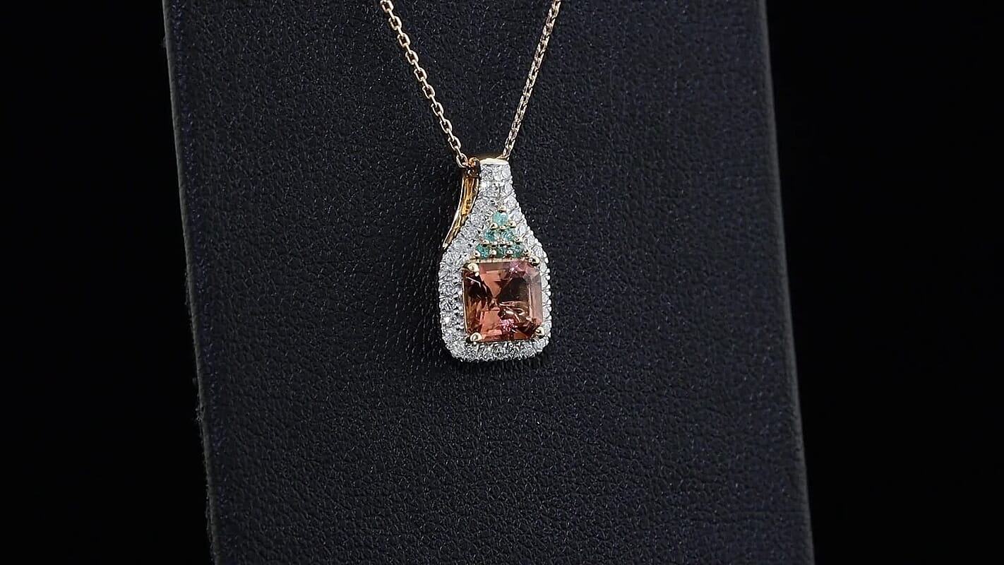 Luxoro Asscher Cut AAA Blush Tourmaline, Paraiba Tourmaline and Diamond I2 1.40 ctw Pendant Necklace in 10K Rose Gold 20 Inches