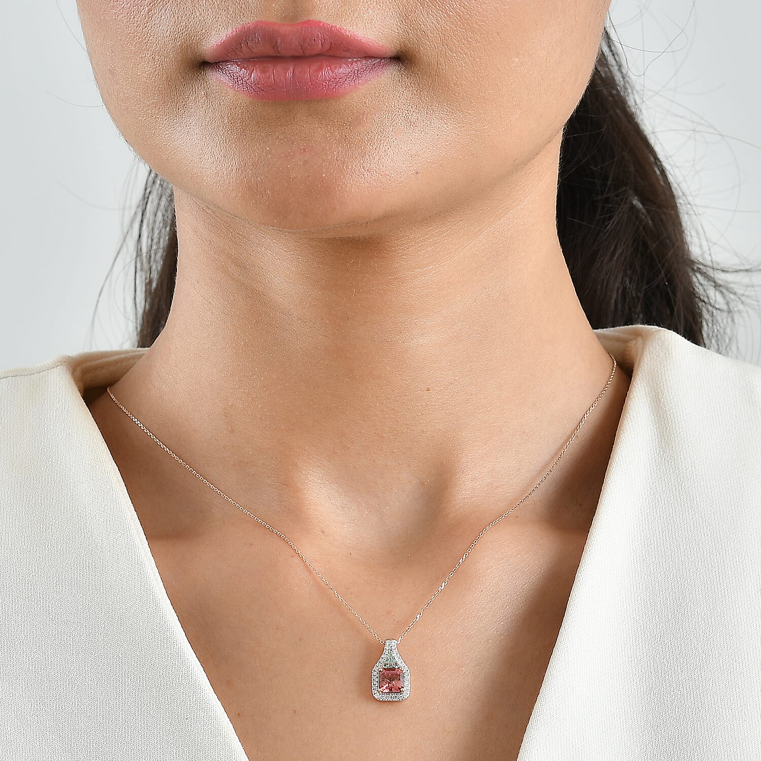 Luxoro Asscher Cut AAA Blush Tourmaline, Paraiba Tourmaline and Diamond I2 1.40 ctw Blue Crown Light Pendant Necklace in 10K Rose Gold 20 Inches