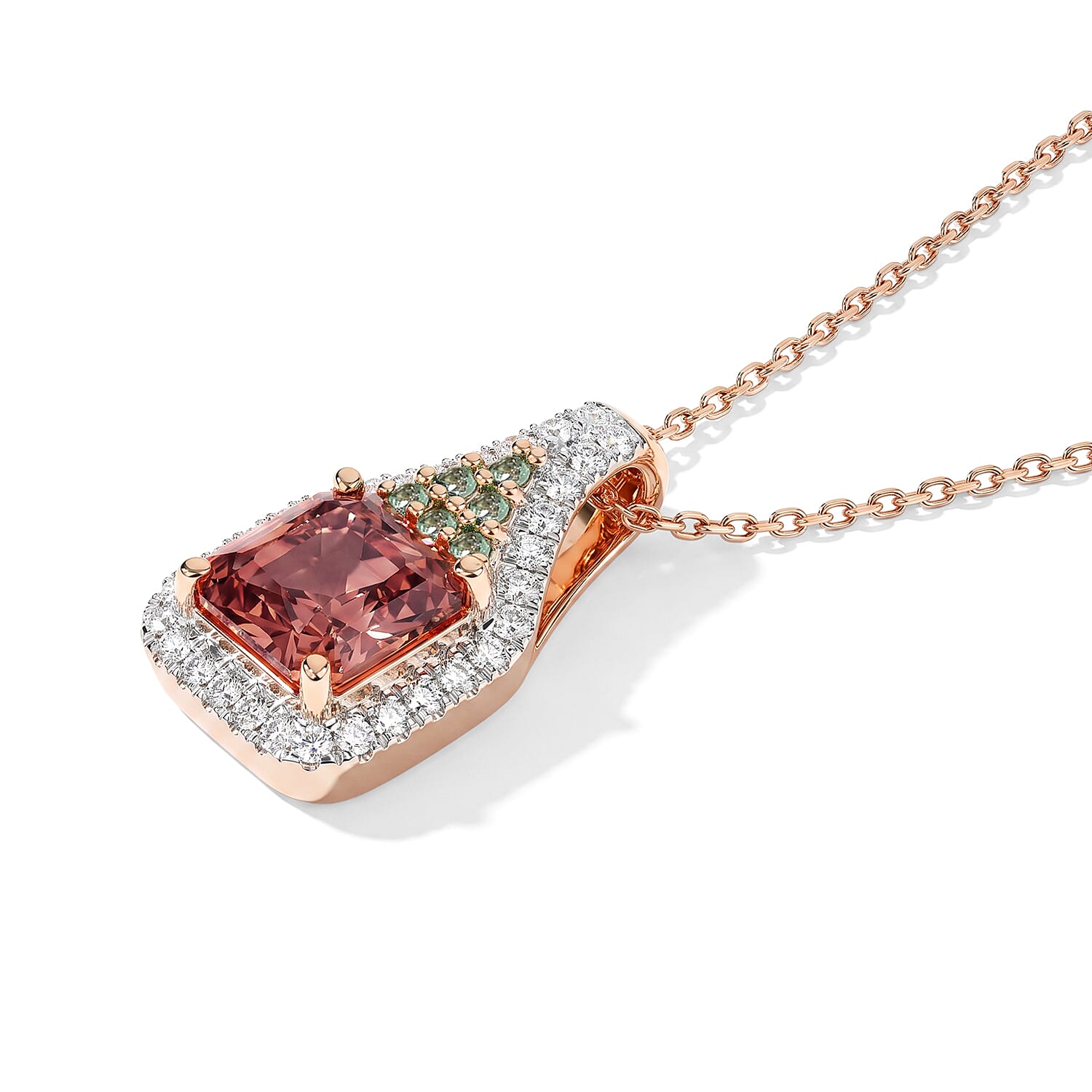 Luxoro Asscher Cut AAA Blush Tourmaline, Paraiba Tourmaline and Diamond I2 1.40 ctw Blue Crown Light Pendant Necklace in 10K Rose Gold 20 Inches