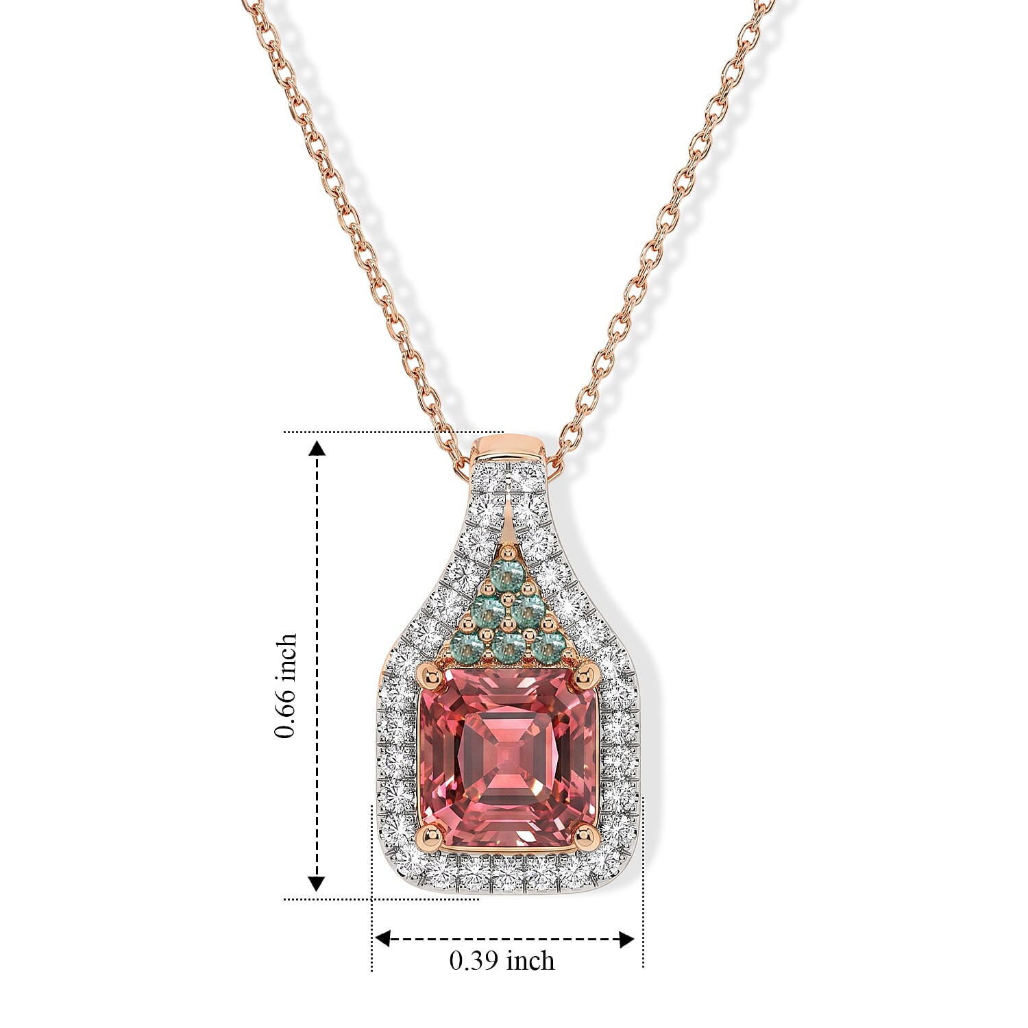 Luxoro Asscher Cut AAA Blush Tourmaline, Paraiba Tourmaline and Diamond I2 1.40 ctw Blue Crown Light Pendant Necklace in 10K Rose Gold 20 Inches