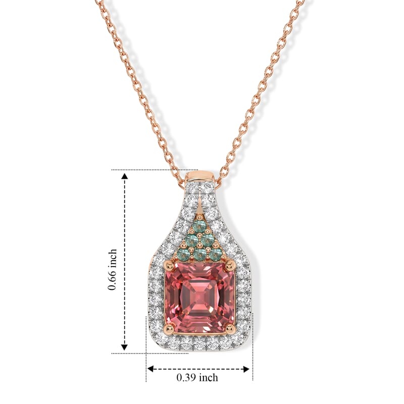 Luxoro Asscher Cut AAA Blush Tourmaline, Paraiba Tourmaline and Diamond I2 1.40 ctw Blue Crown Light Pendant Necklace in 10K Rose Gold 20 Inches