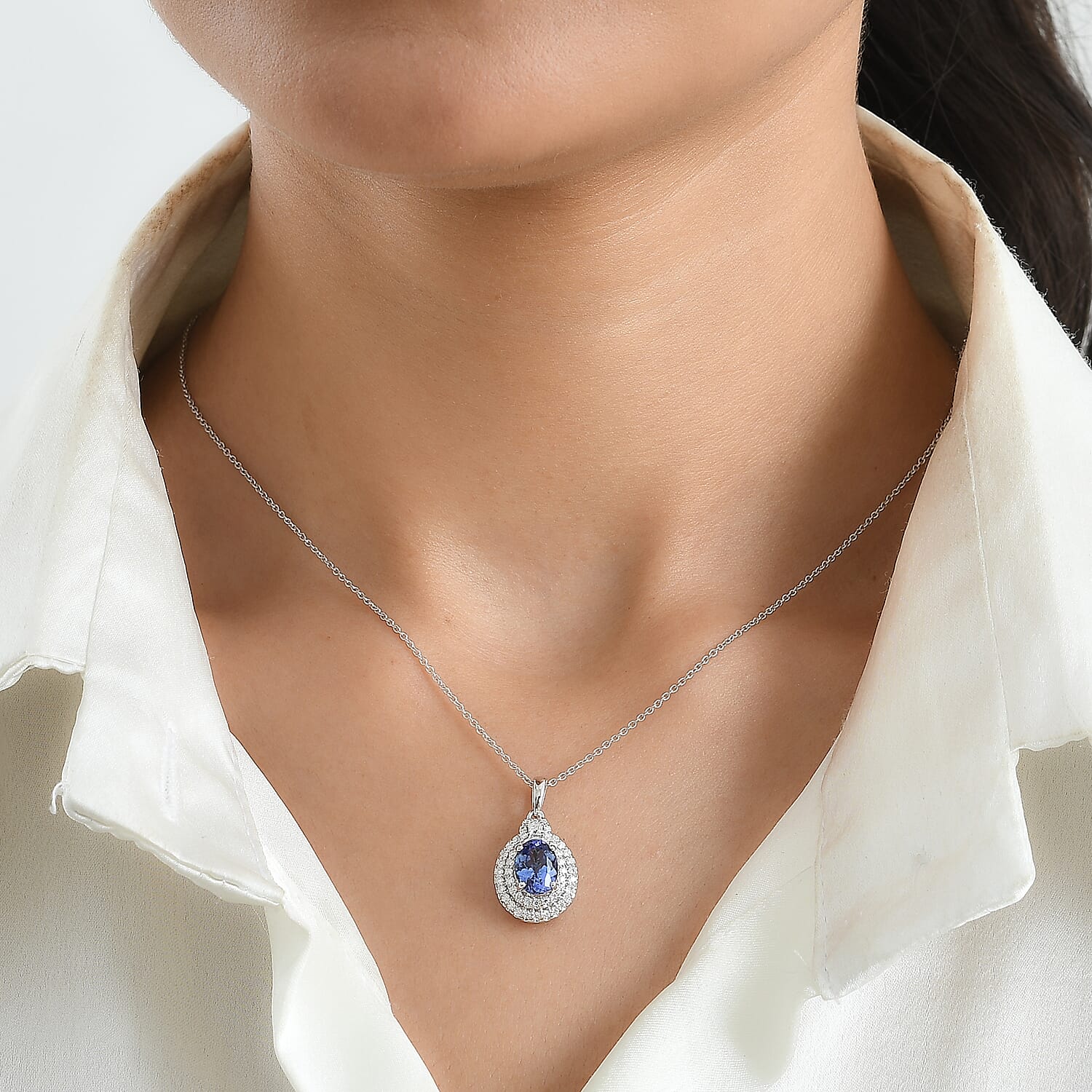 Certified and Appraised D'Joy Premium Tanzanite and Moissanite 2.13 ctw Pendant Necklace (18 Inches) in Rhodium Over Sterling Silver