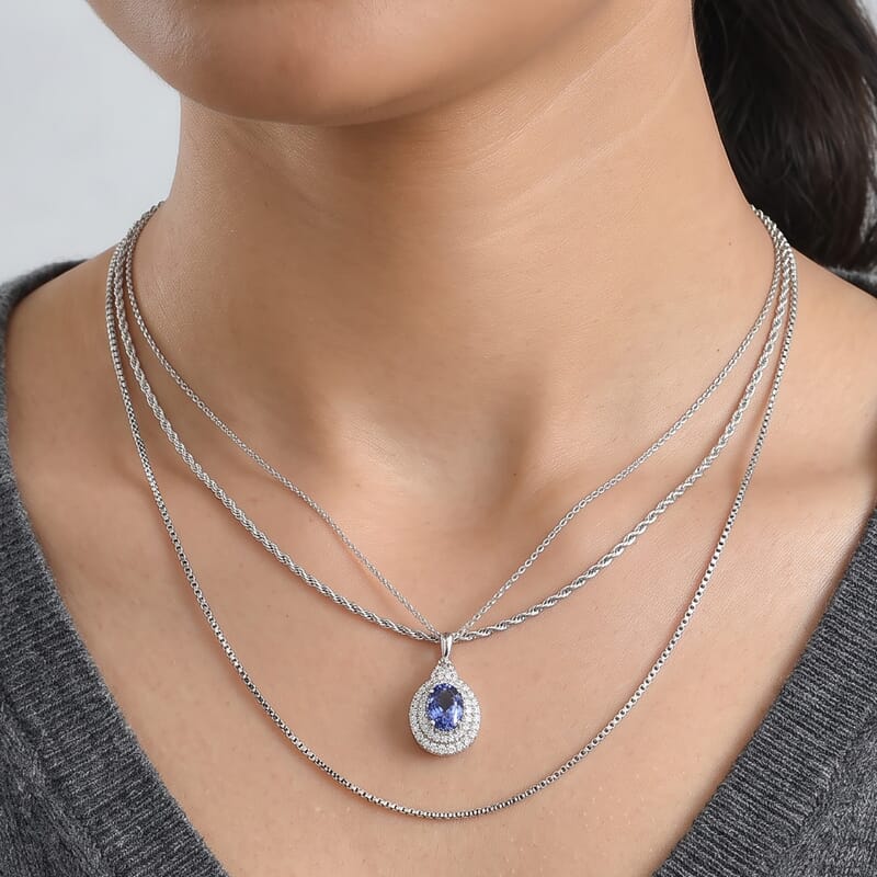 Certified and Appraised D'Joy Premium Tanzanite and Moissanite 2.13 ctw Pendant Necklace (18 Inches) in Rhodium Over Sterling Silver
