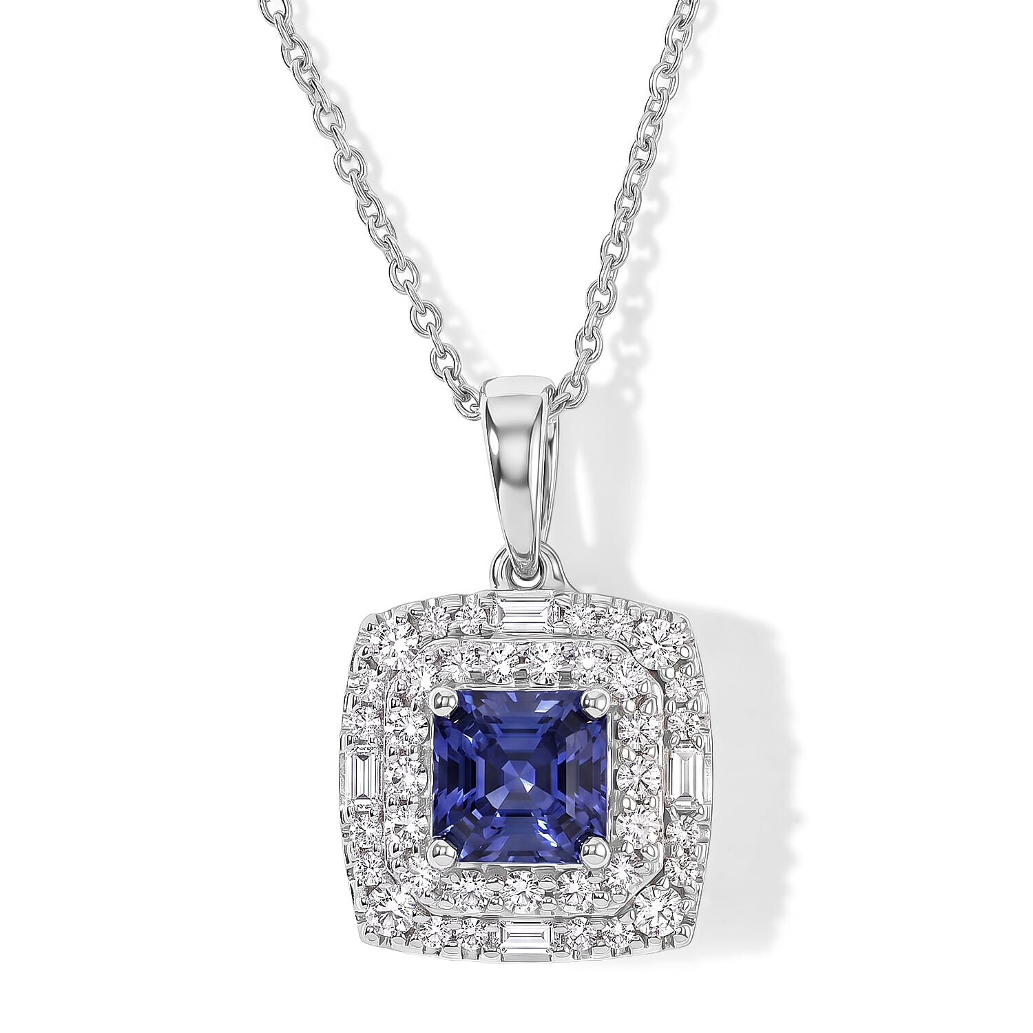 Certified and Appraised D'Joy Premium Asscher Cut Tanzanite and Moissanite 1.60 ctw Pendant Necklace (18 Inches) in Rhodium Over Sterling Silver