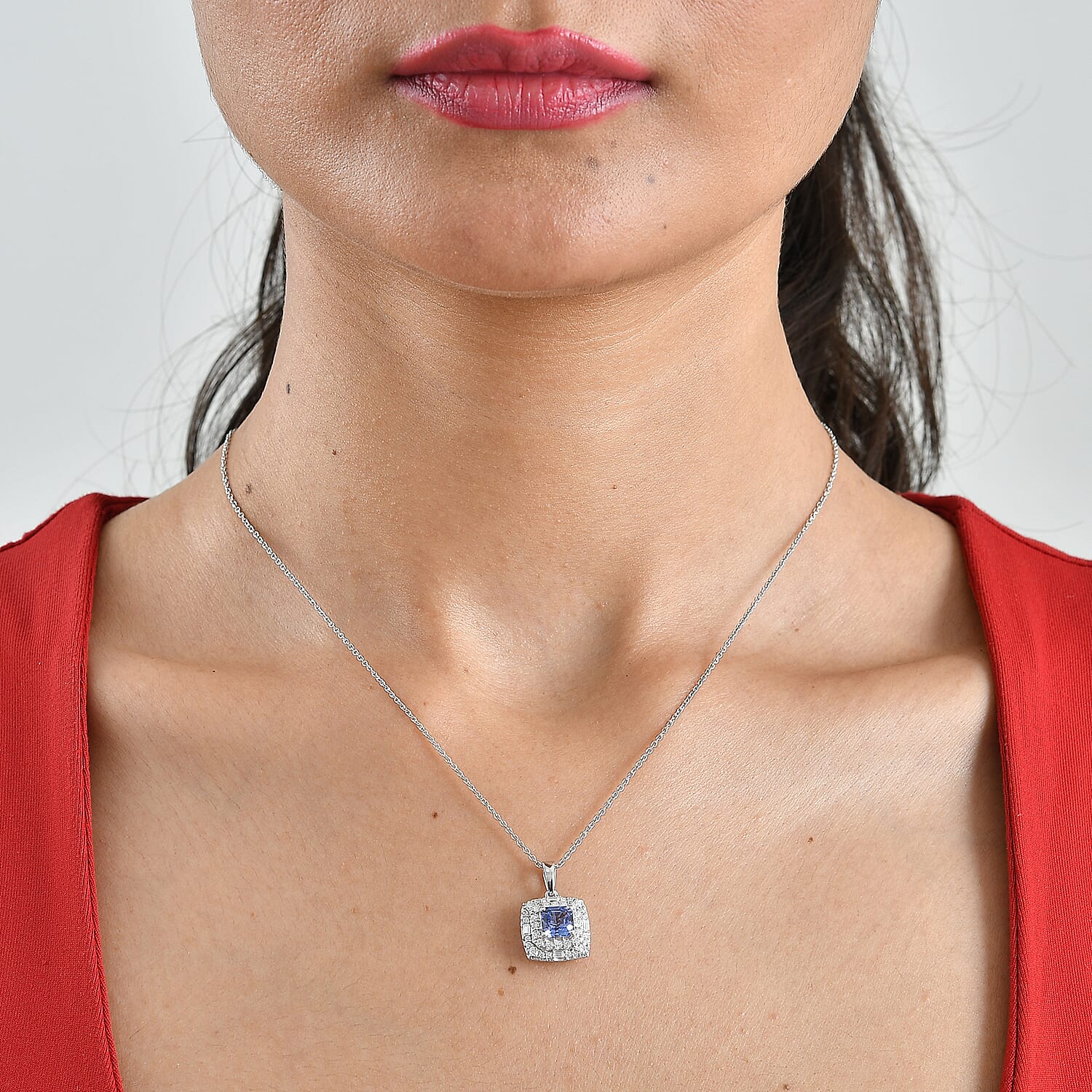 Certified and Appraised D'Joy Premium Asscher Cut Tanzanite and Moissanite 1.60 ctw Pendant Necklace (18 Inches) in Rhodium Over Sterling Silver