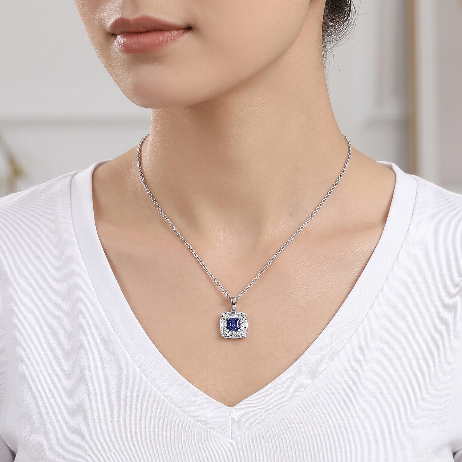 Certified and Appraised D'Joy Premium Asscher Cut Tanzanite and Moissanite 1.60 ctw Pendant Necklace (18 Inches) in Rhodium Over Sterling Silver
