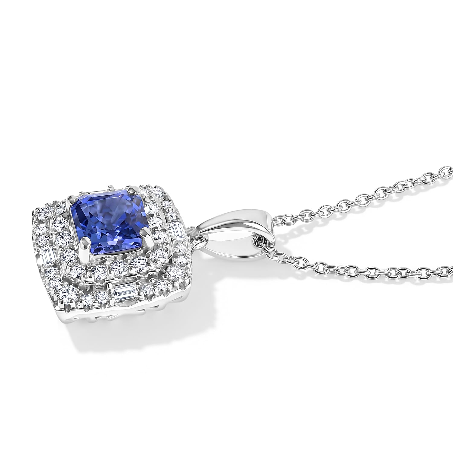Certified and Appraised D'Joy Premium Asscher Cut Tanzanite and Moissanite 1.60 ctw Pendant Necklace (18 Inches) in Rhodium Over Sterling Silver