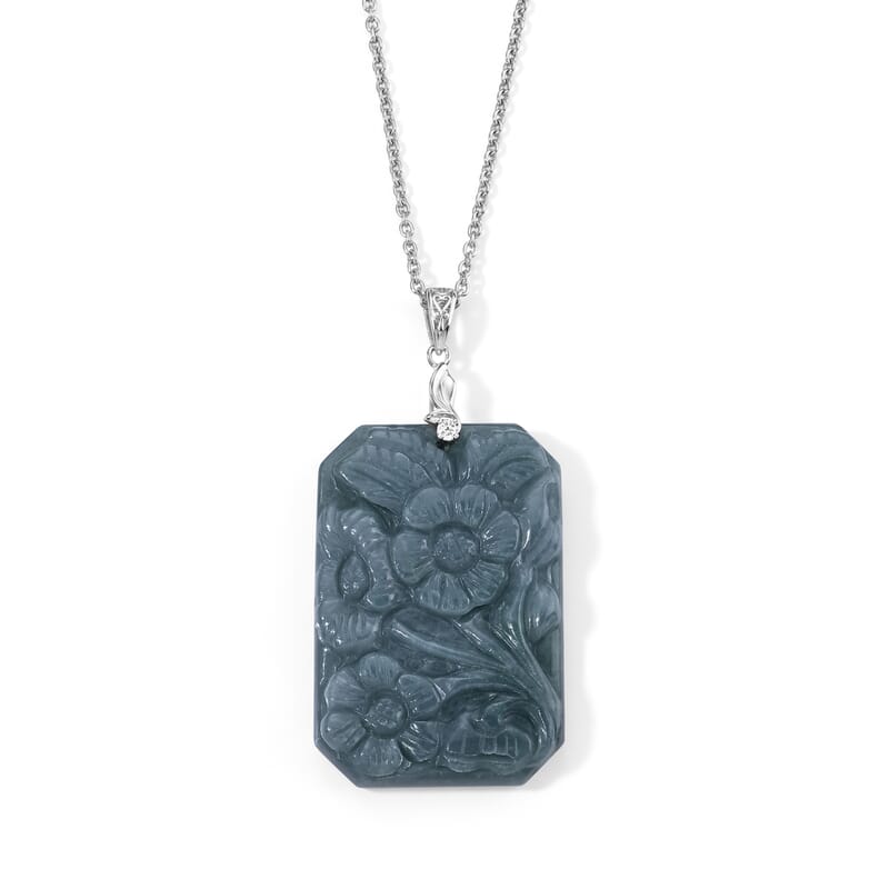 D'Joy Natural Olmec Jadeite and Moissanite 57.70 ctw Carved Floral Pendant in Rhodium Over Sterling Silver with Stainless Steel Necklace 20 Inches