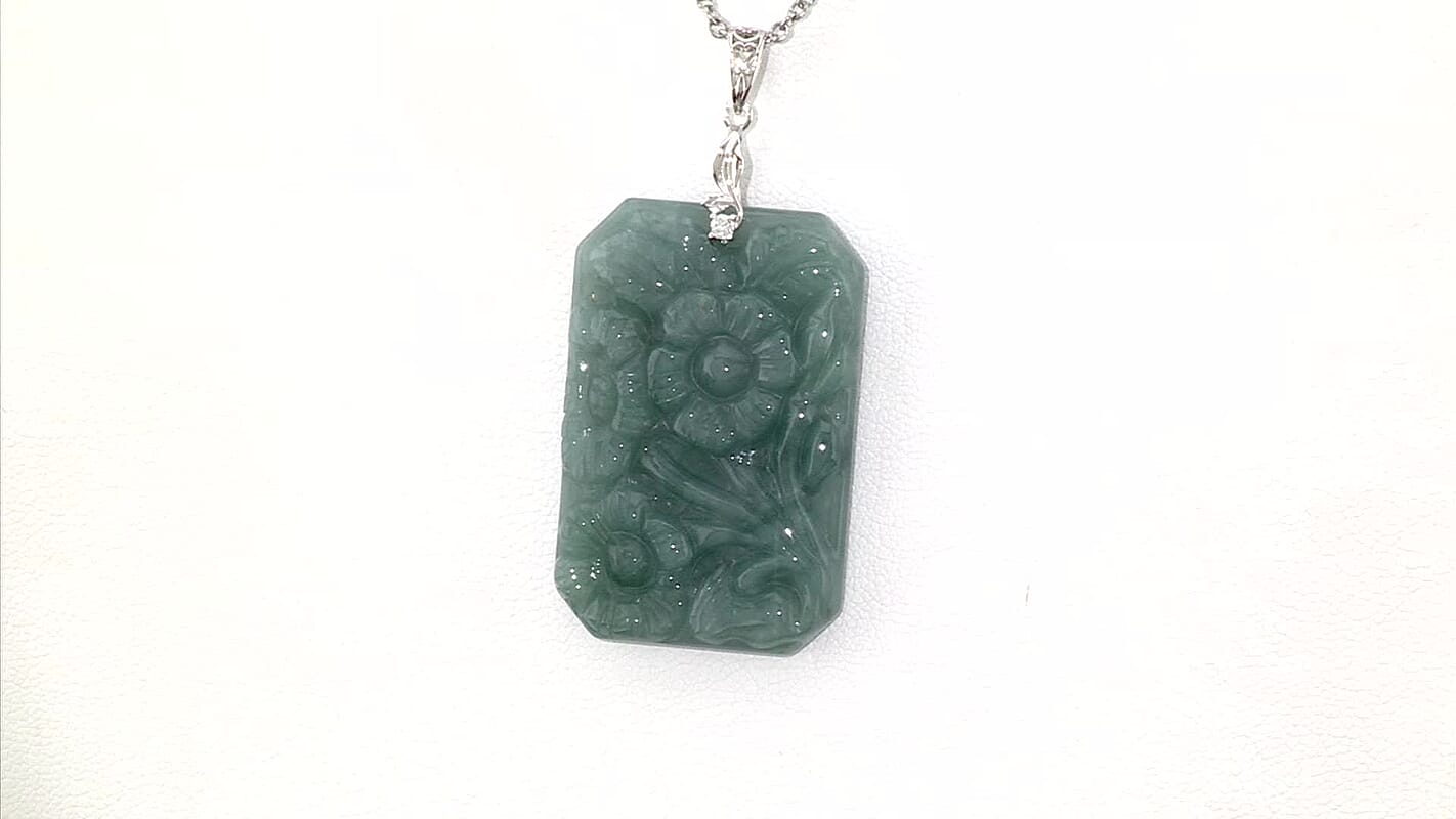 D''Joy Natural Olmec Jadeite and Moissanite 57.70 ctw Carved Floral Pendant in Rhodium Over Sterling Silver with Stainless Steel Necklace 20 Inches