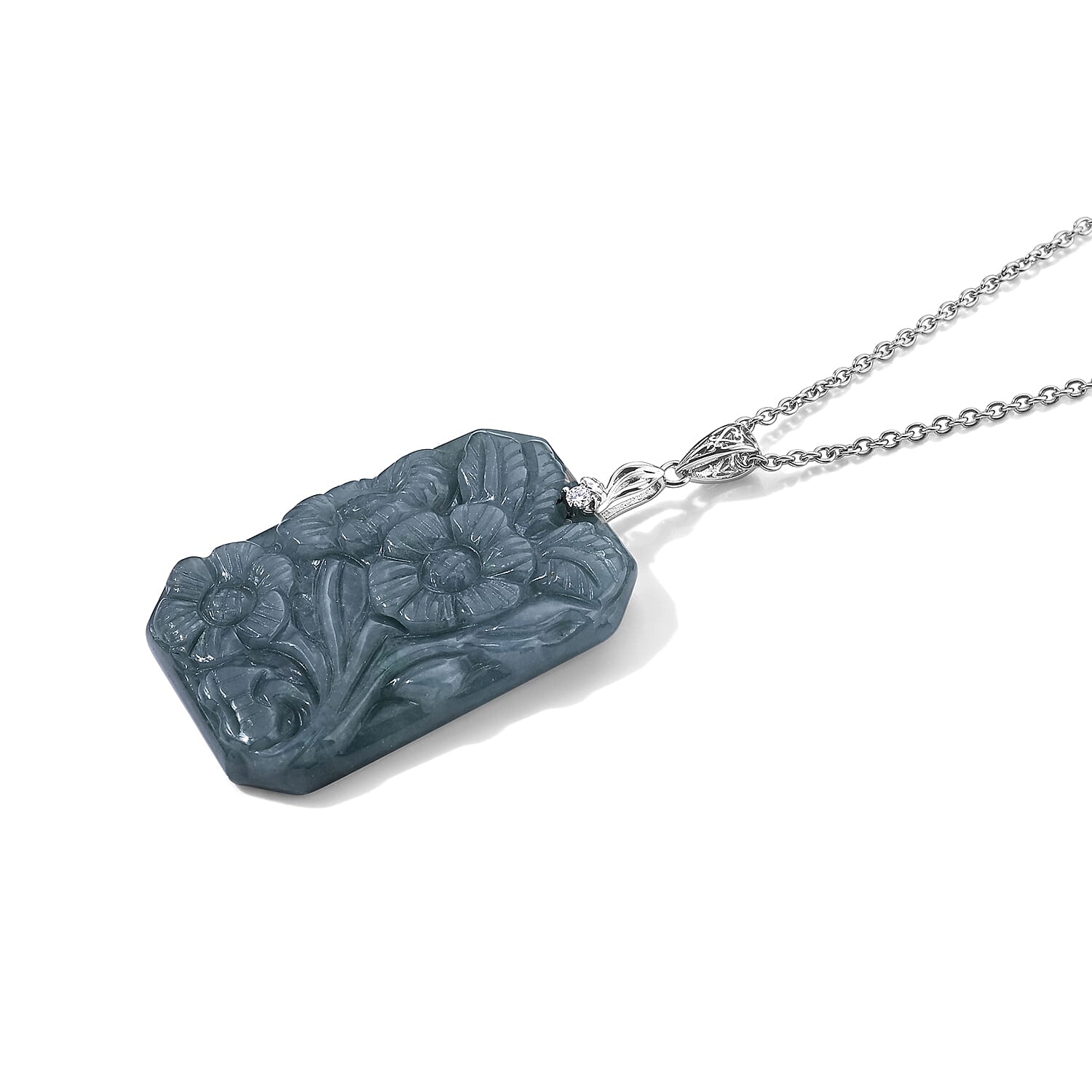 D'Joy Natural Olmec Jadeite and Moissanite 57.70 ctw Carved Floral Pendant in Rhodium Over Sterling Silver with Stainless Steel Necklace 20 Inches