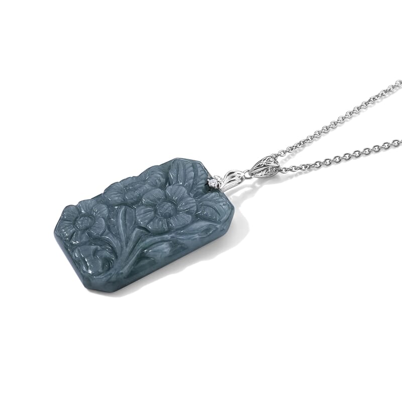 D'Joy Natural Olmec Jadeite and Moissanite 57.70 ctw Carved Floral Pendant in Rhodium Over Sterling Silver with Stainless Steel Necklace 20 Inches