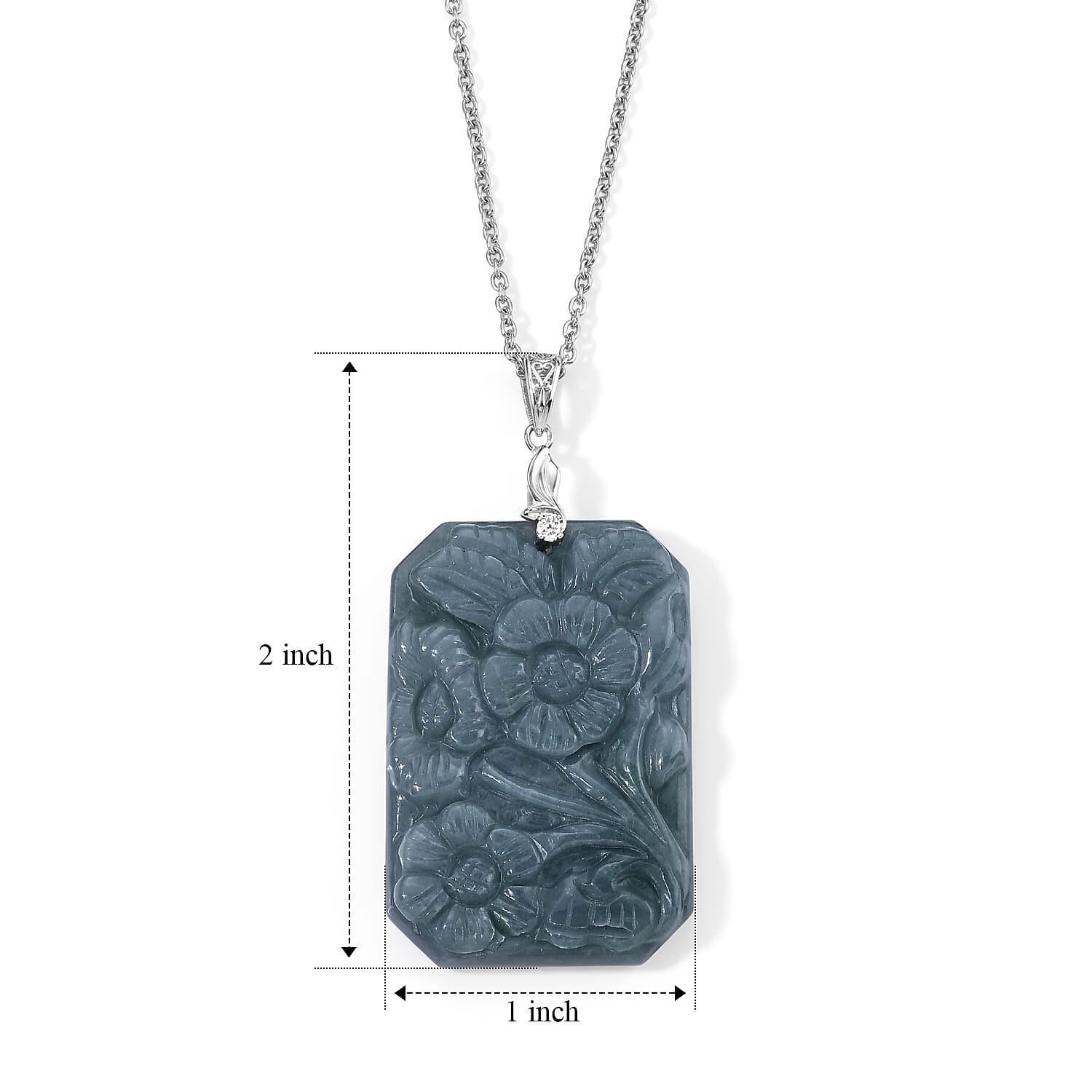 D'Joy Natural Olmec Jadeite and Moissanite 57.70 ctw Carved Floral Pendant in Rhodium Over Sterling Silver with Stainless Steel Necklace 20 Inches