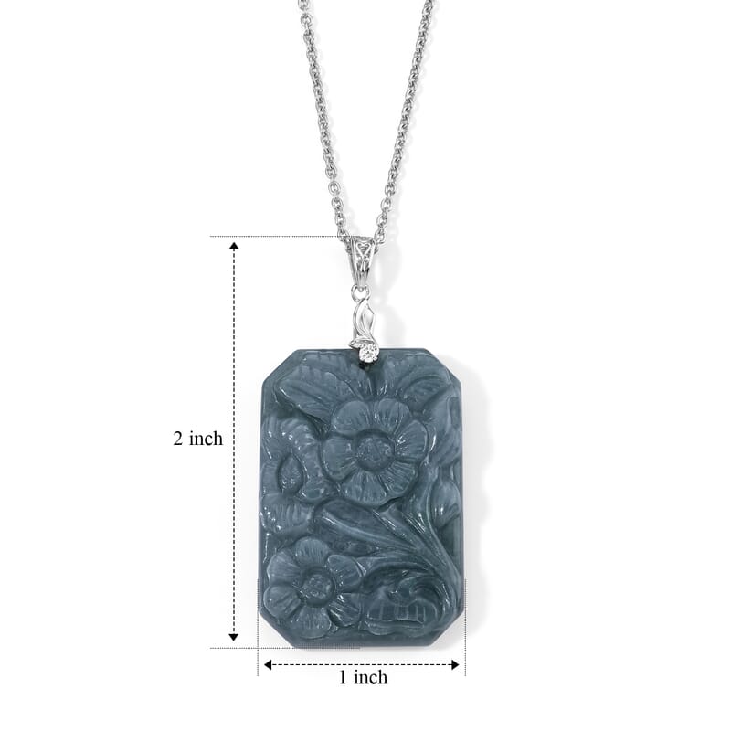 D'Joy Natural Olmec Jadeite and Moissanite 57.70 ctw Carved Floral Pendant in Rhodium Over Sterling Silver with Stainless Steel Necklace 20 Inches