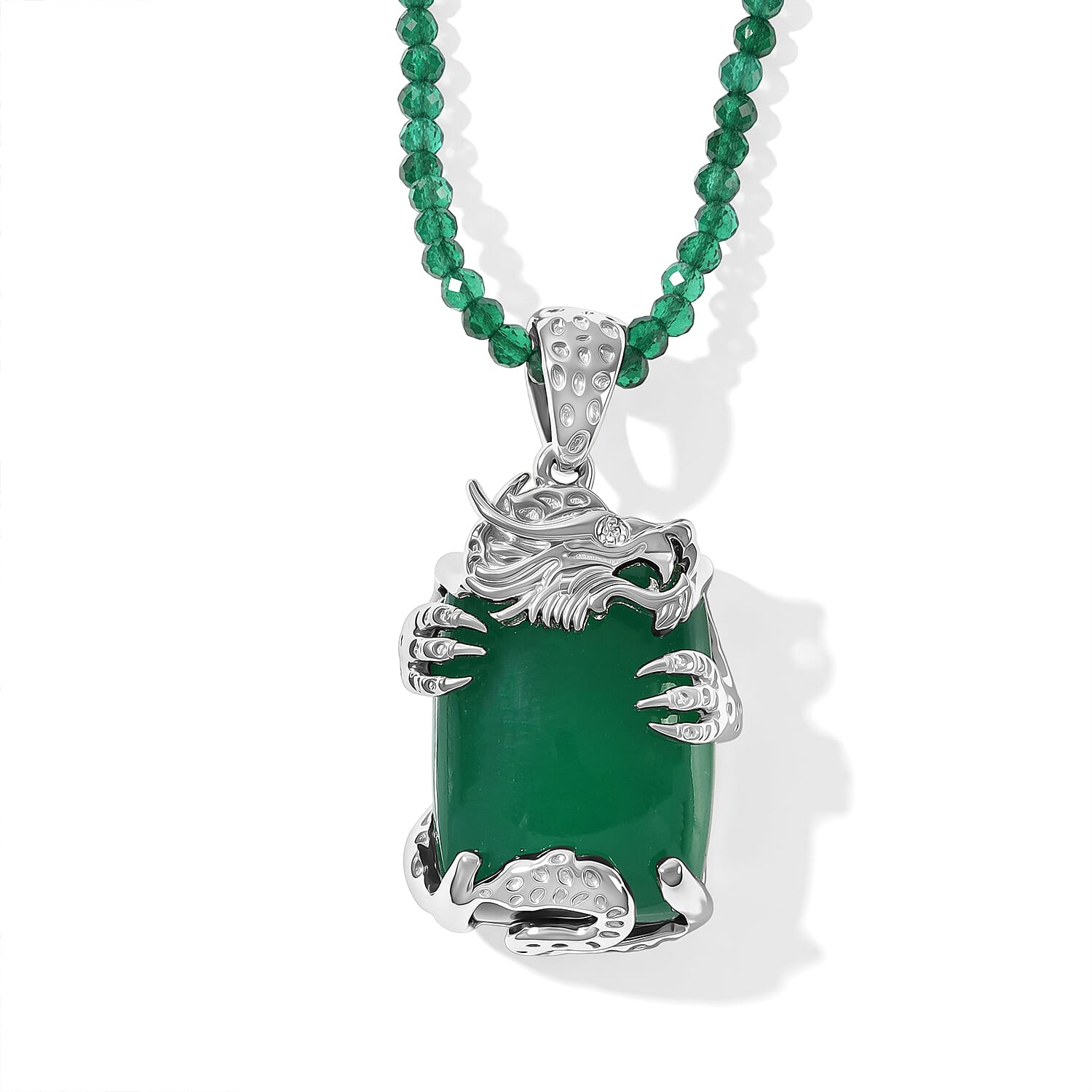 EverTrue Premium Verde Onyx and White Zircon 88.35 ctw Dragon Pendant with Beaded Necklace in Platinum Bond 18 Inches