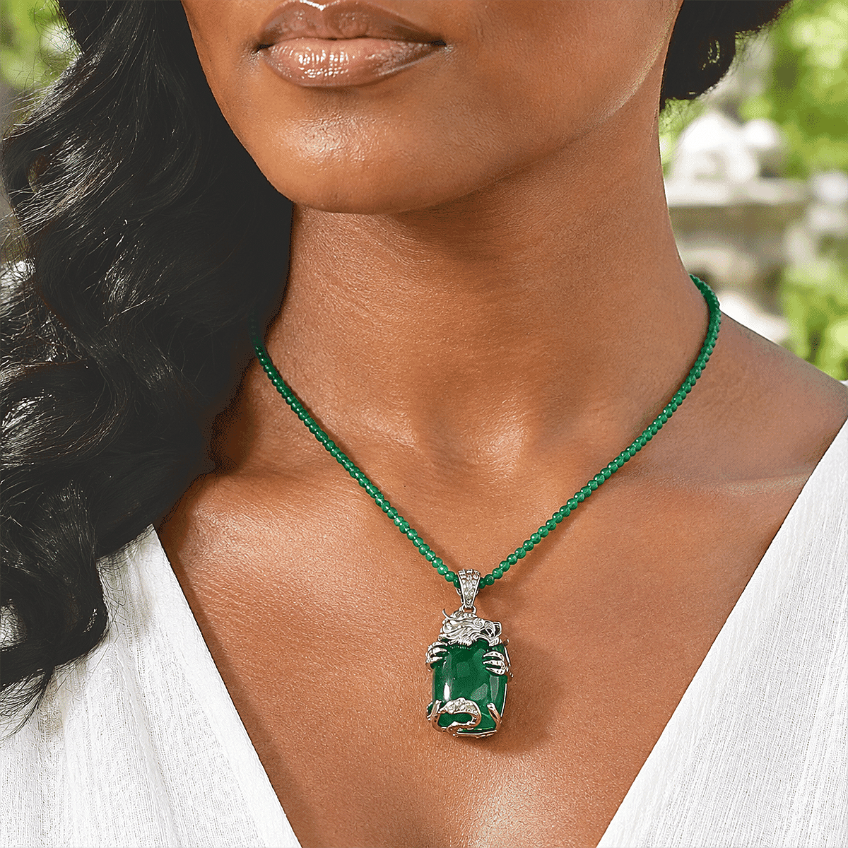 EverTrue Premium Verde Onyx and White Zircon 88.35 ctw Dragon Pendant with Beaded Necklace in Platinum Bond 18 Inches