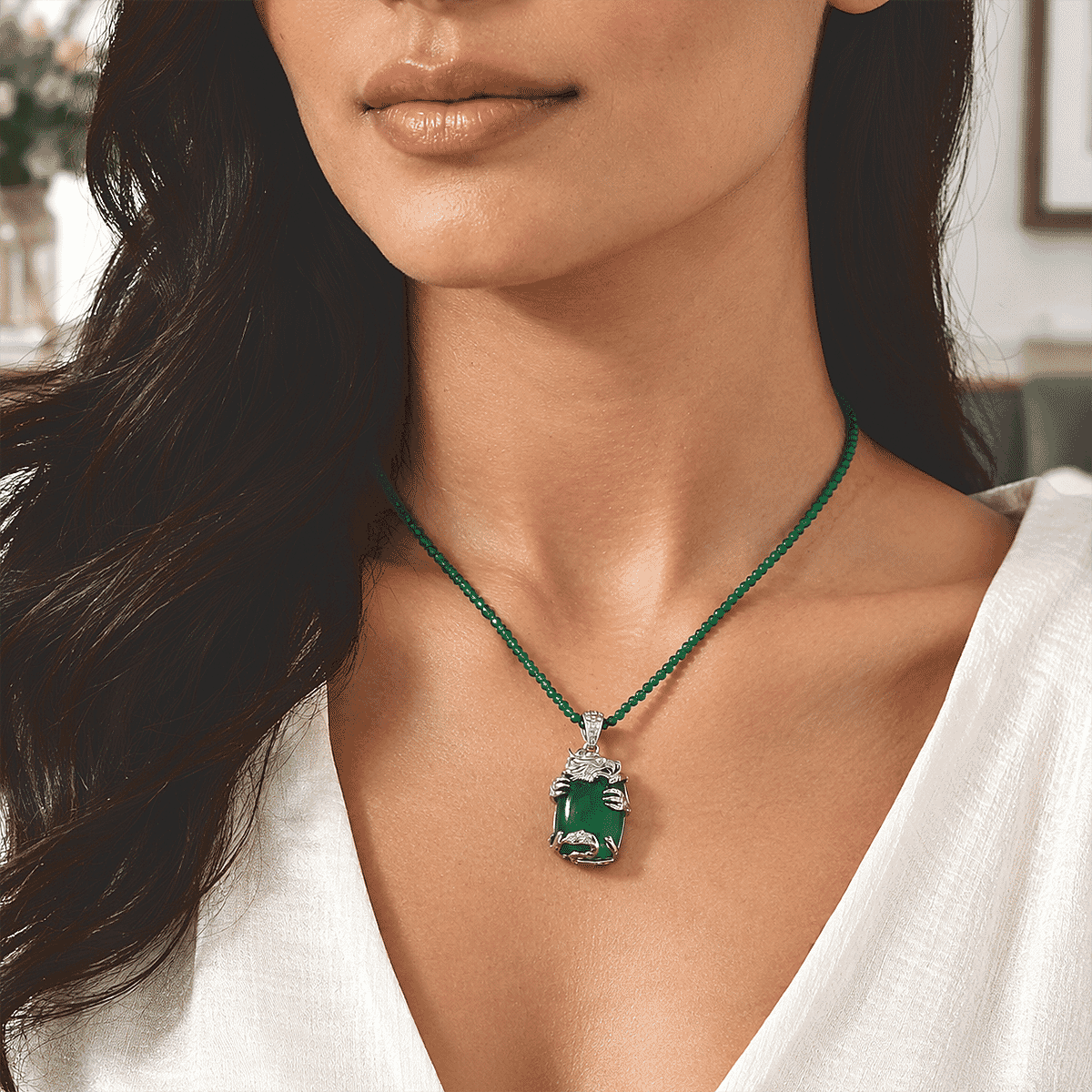 EverTrue Premium Verde Onyx and White Zircon 88.35 ctw Dragon Pendant with Beaded Necklace in Platinum Bond 18 Inches