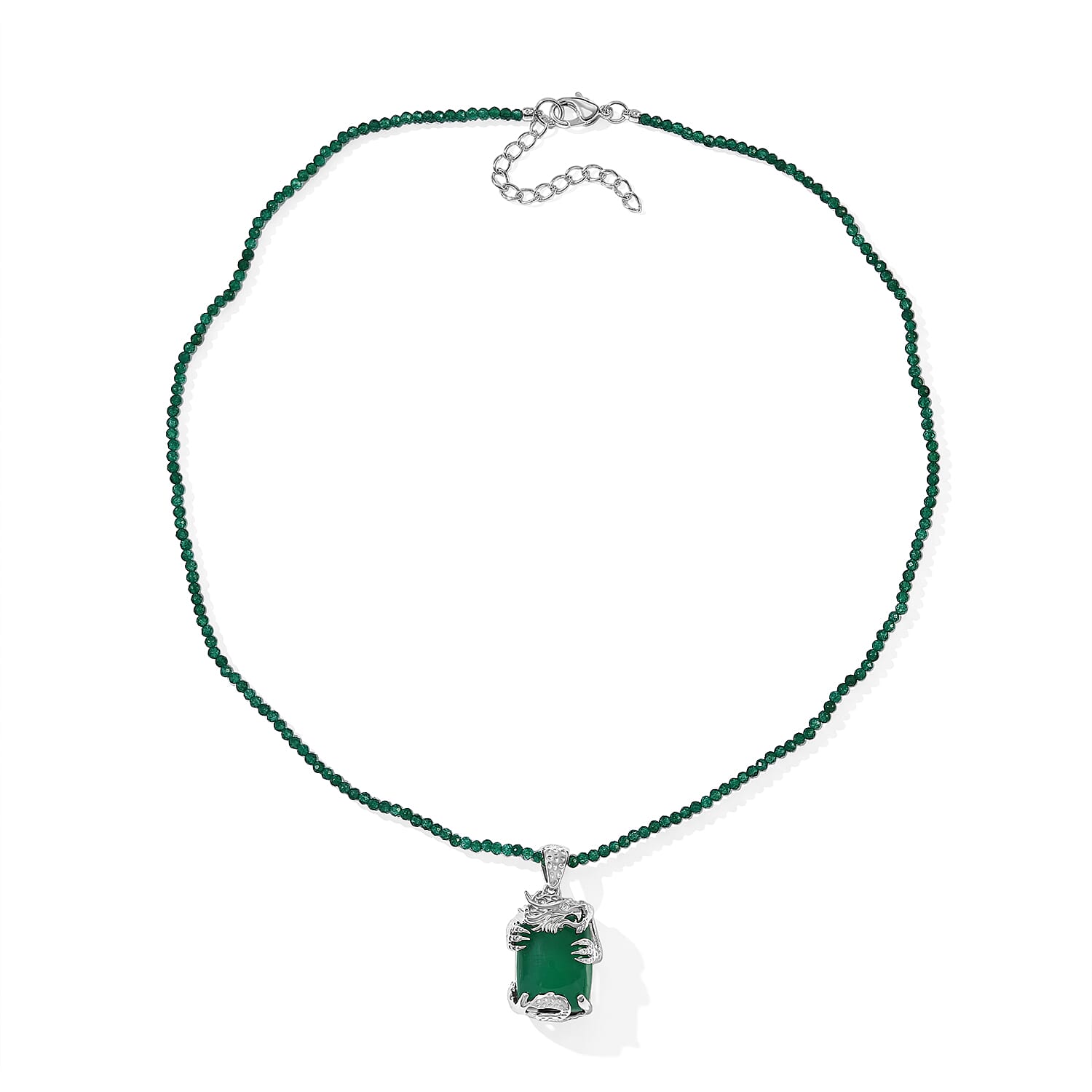 EverTrue Premium Verde Onyx and White Zircon 88.35 ctw Dragon Pendant with Beaded Necklace in Platinum Bond 18 Inches
