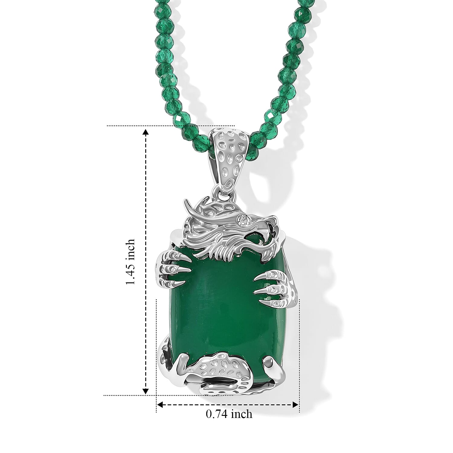 EverTrue Premium Verde Onyx and White Zircon 88.35 ctw Dragon Pendant with Beaded Necklace in Platinum Bond 18 Inches