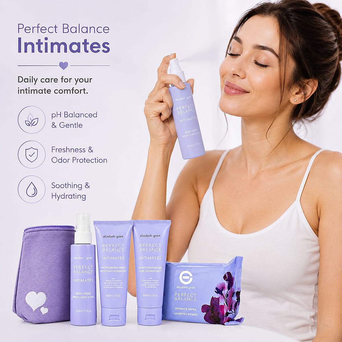 Elizabeth Grant 3 Piece Perfect Balance Intimates Travel Collection (25 wipes, 2oz Gel, & 2.5oz Spray)