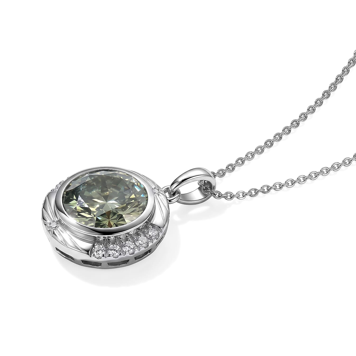 Certified and Appraised D'Joy Mint Green and White Moissanite 4.80 ctw Pendant Necklace (18 Inches) in Rhodium Over Sterling Silver