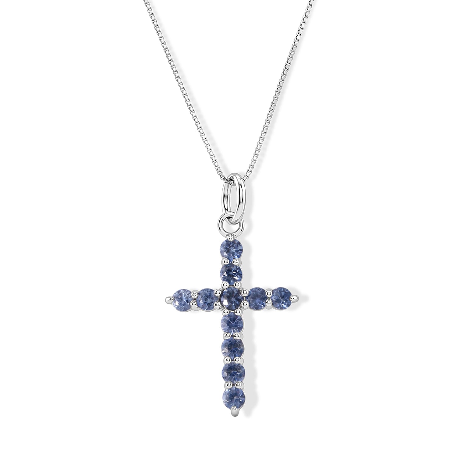 D'Joy Ceylon Blue Sapphire 1.00 ctw Cross Pendant Necklace in Rhodium Over Sterling Silver 20 Inches
