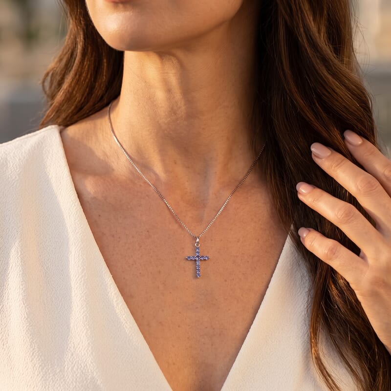 D'Joy Ceylon Blue Sapphire 1.00 ctw Cross Pendant Necklace in Rhodium Over Sterling Silver 20 Inches