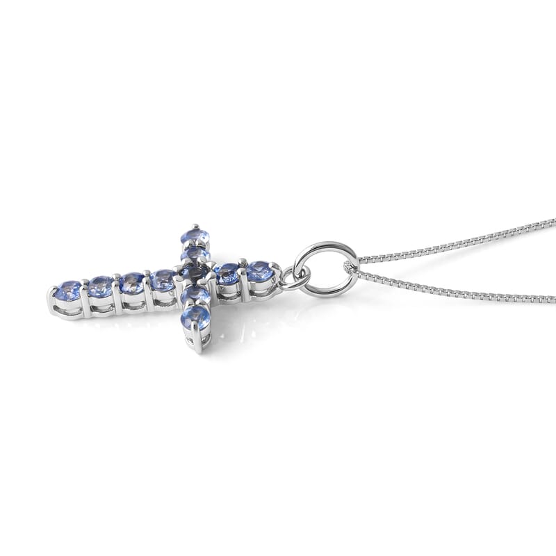 D'Joy Ceylon Blue Sapphire 1.00 ctw Cross Pendant Necklace in Rhodium Over Sterling Silver 20 Inches