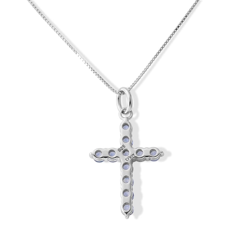 D'Joy Ceylon Blue Sapphire 1.00 ctw Cross Pendant Necklace in Rhodium Over Sterling Silver 20 Inches