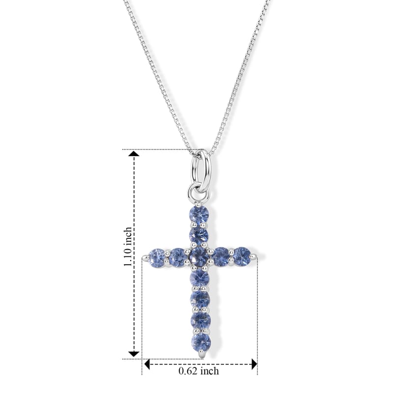 D'Joy Ceylon Blue Sapphire 1.00 ctw Cross Pendant Necklace in Rhodium Over Sterling Silver 20 Inches