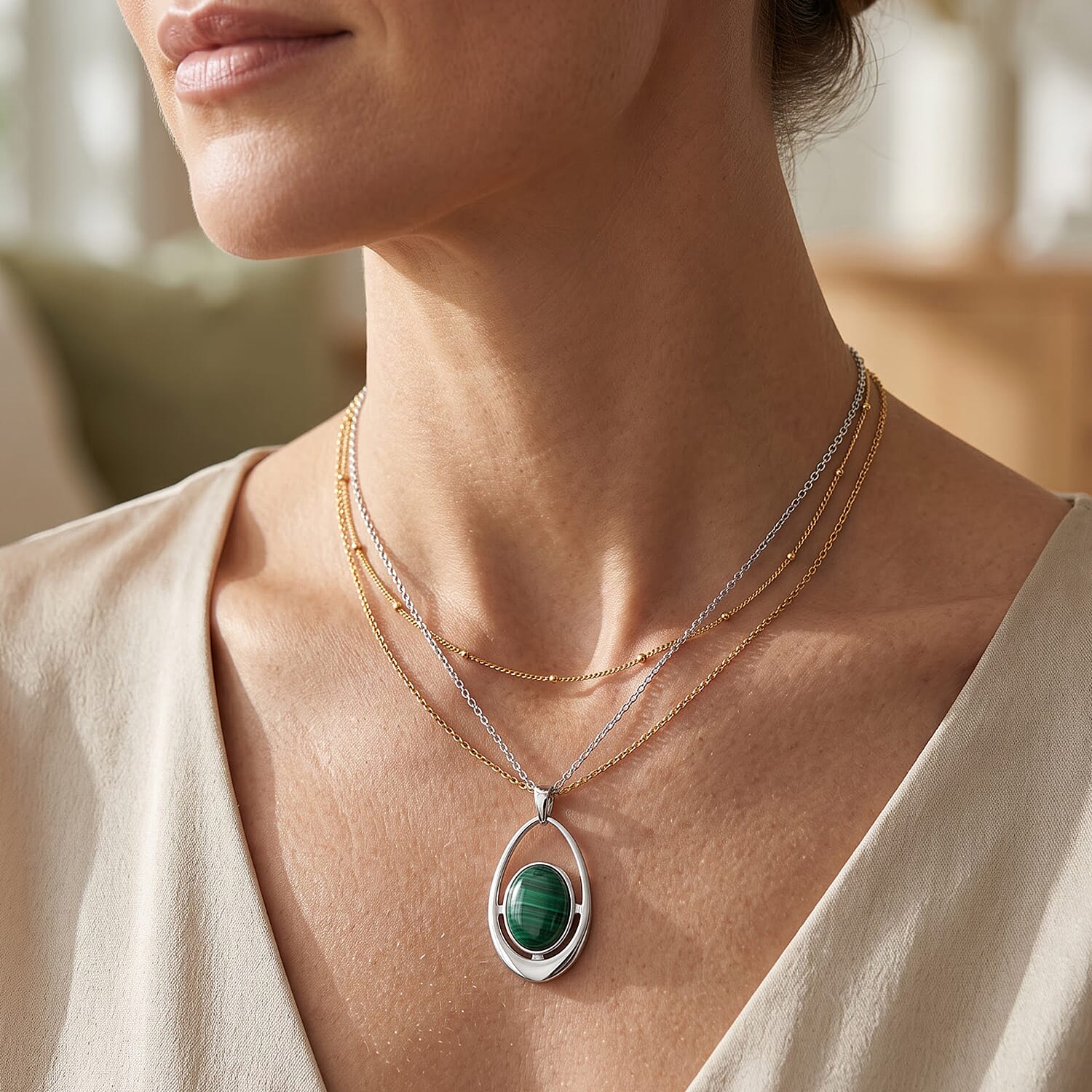 EverTrue African Malachite 22.90 ctw Pendant in Platinum Bond with Stainless Steel Necklace 20 Inches
