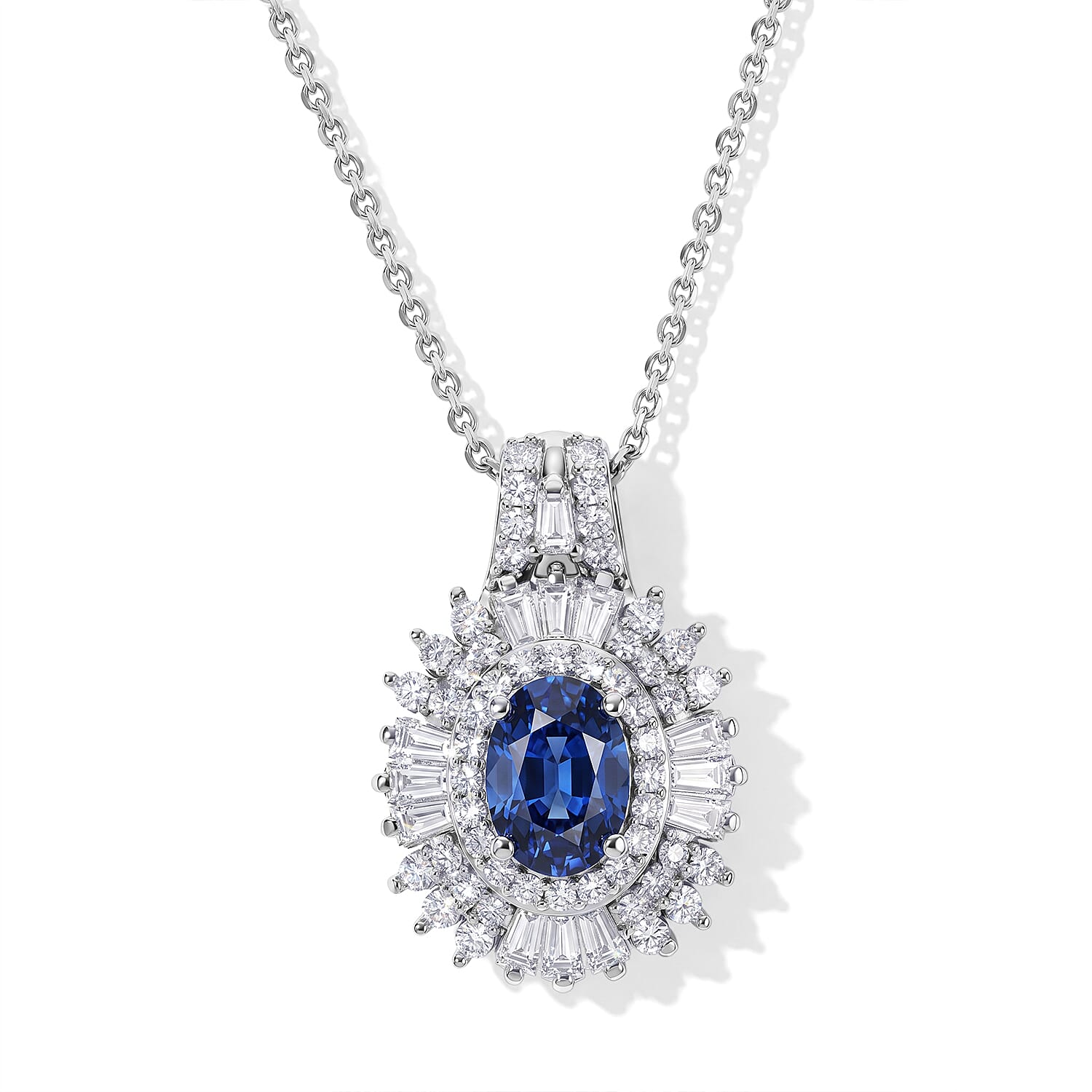 D'Joy Premium Ceylon Sapphire and Moissanite 1.90 ctw Pendant Necklace in Rhodium Over Sterling Silver (20 Inches)