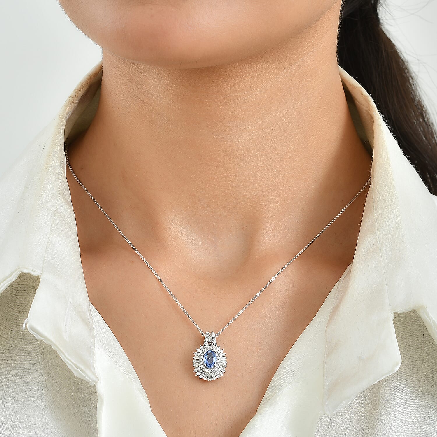 D'Joy Premium Ceylon Sapphire and Moissanite 1.90 ctw Pendant Necklace in Rhodium Over Sterling Silver (20 Inches)