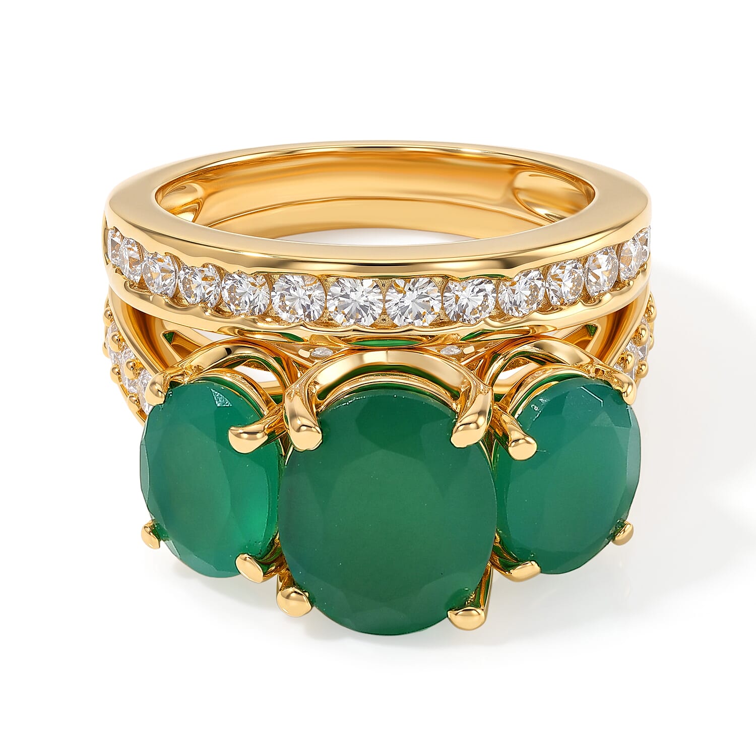 EverTrue Verde Onyx and White Zircon 6.10 ctw Set of 2 Ring in 18K YG Plated (Size 5.0)