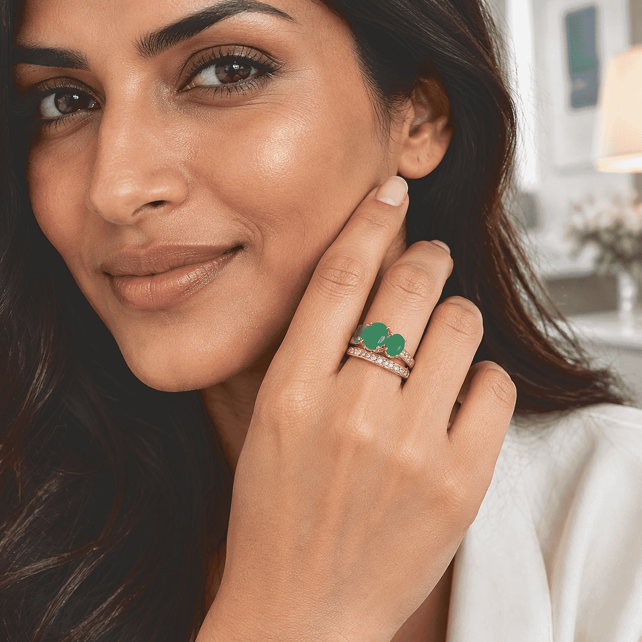 EverTrue Verde Onyx and White Zircon 6.10 ctw Set of 2 Ring in 18K YG Plated (Size 5.0)