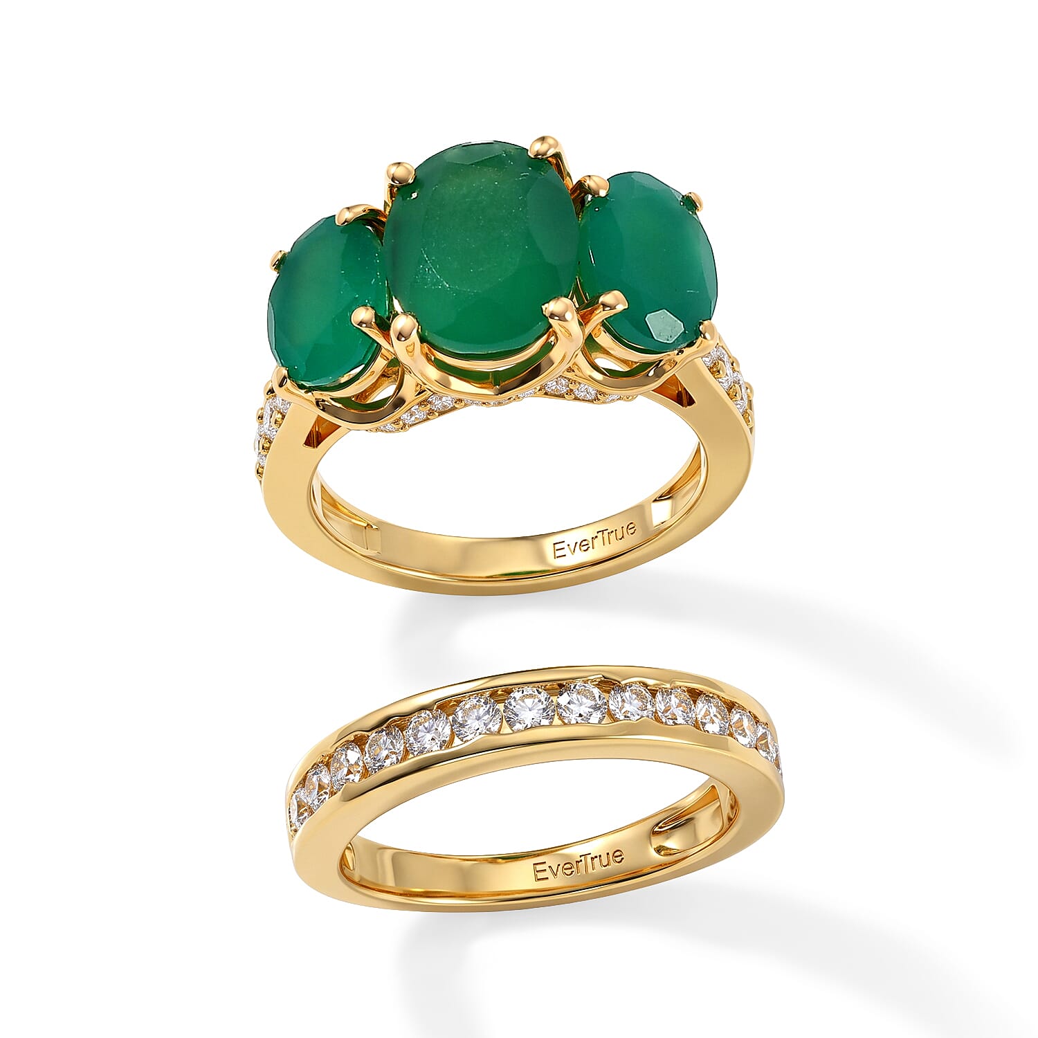 EverTrue Verde Onyx and White Zircon 6.10 ctw Set of 2 Ring in 18K YG Plated (Size 5.0)