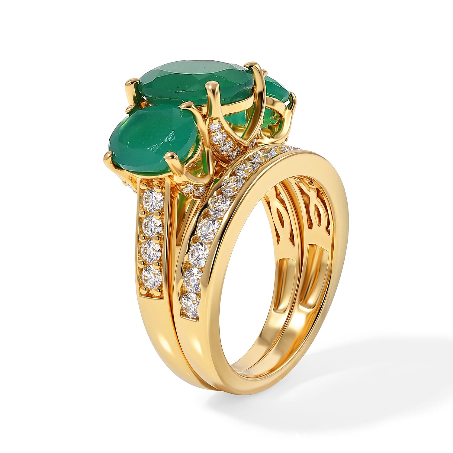 EverTrue Verde Onyx and White Zircon 6.10 ctw Set of 2 Ring in 18K YG Plated (Size 5.0)