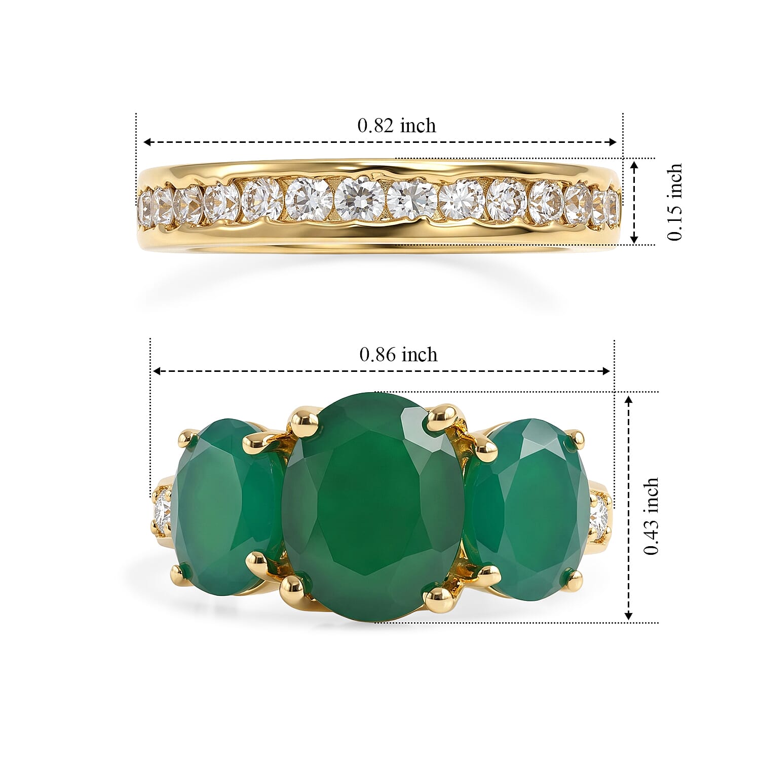 EverTrue Verde Onyx and White Zircon 6.10 ctw Set of 2 Ring in 18K YG Plated (Size 5.0)