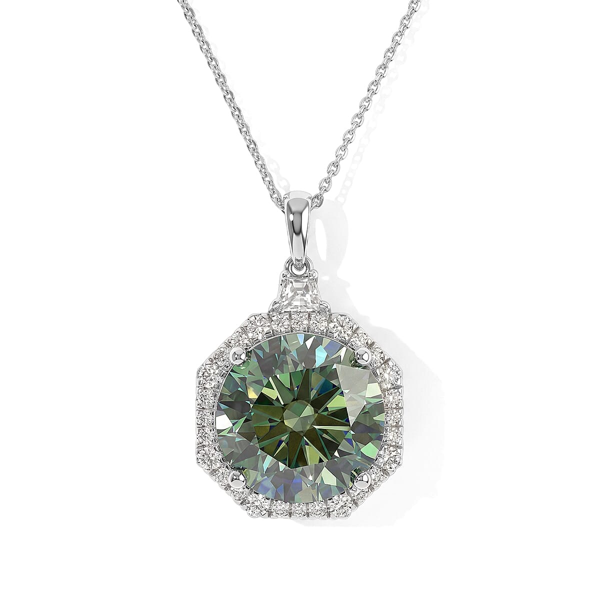 Certified and Appraised D''Joy Mint Green and White Moissanite (Rnd 14mm) Pendant Necklace (20 Inches) in Rhodium Over Sterling Silver 10.40 ctw