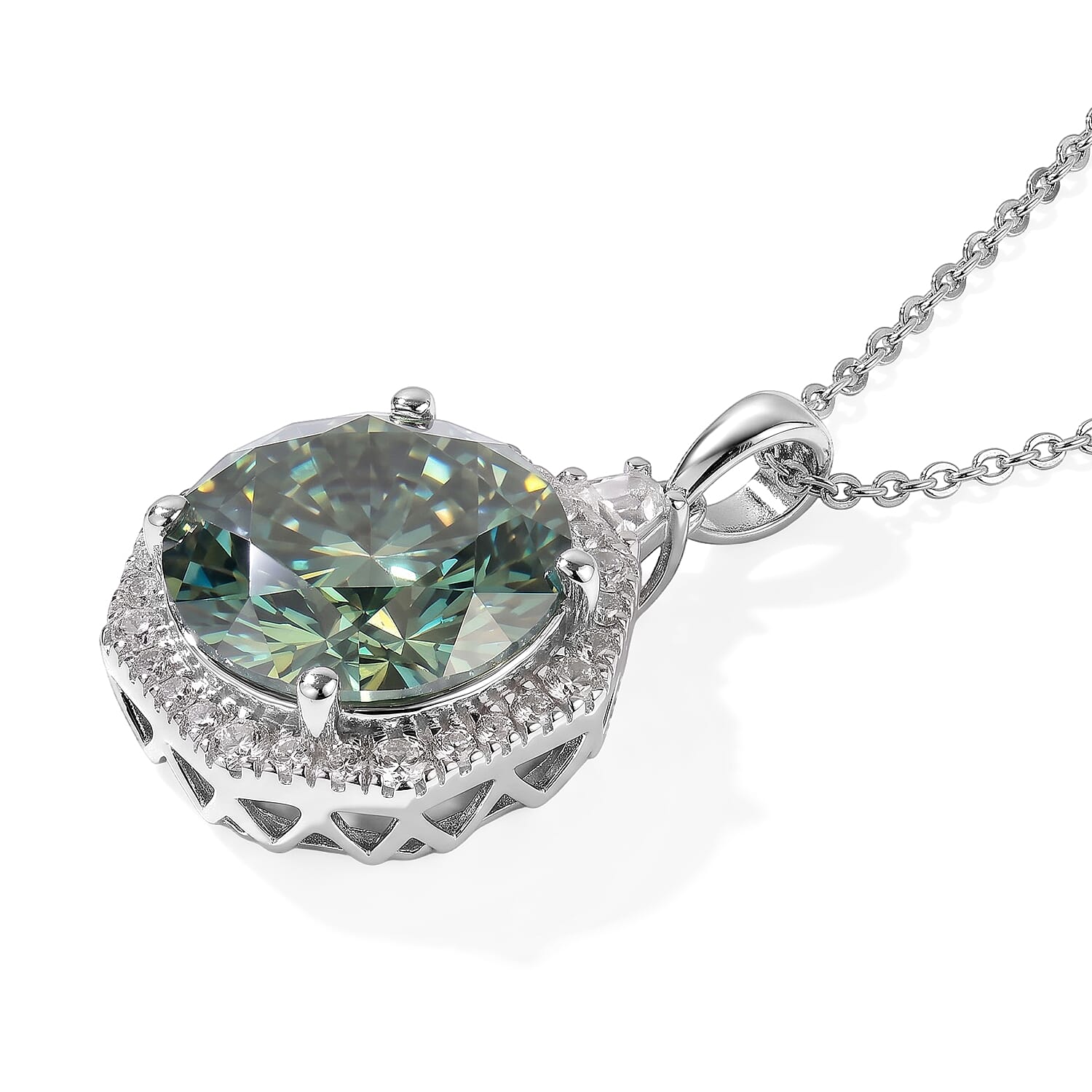 Certified and Appraised D'Joy Mint Green and White Moissanite 10.40 ctw Pendant Necklace (20 Inches) in Rhodium Over Sterling Silver
